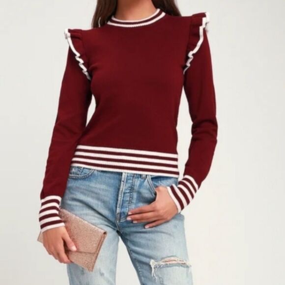 The Fifth Label Burgundy Striped Ruffle Sleeve Sweater(Size Large) - Picture 1 of 7